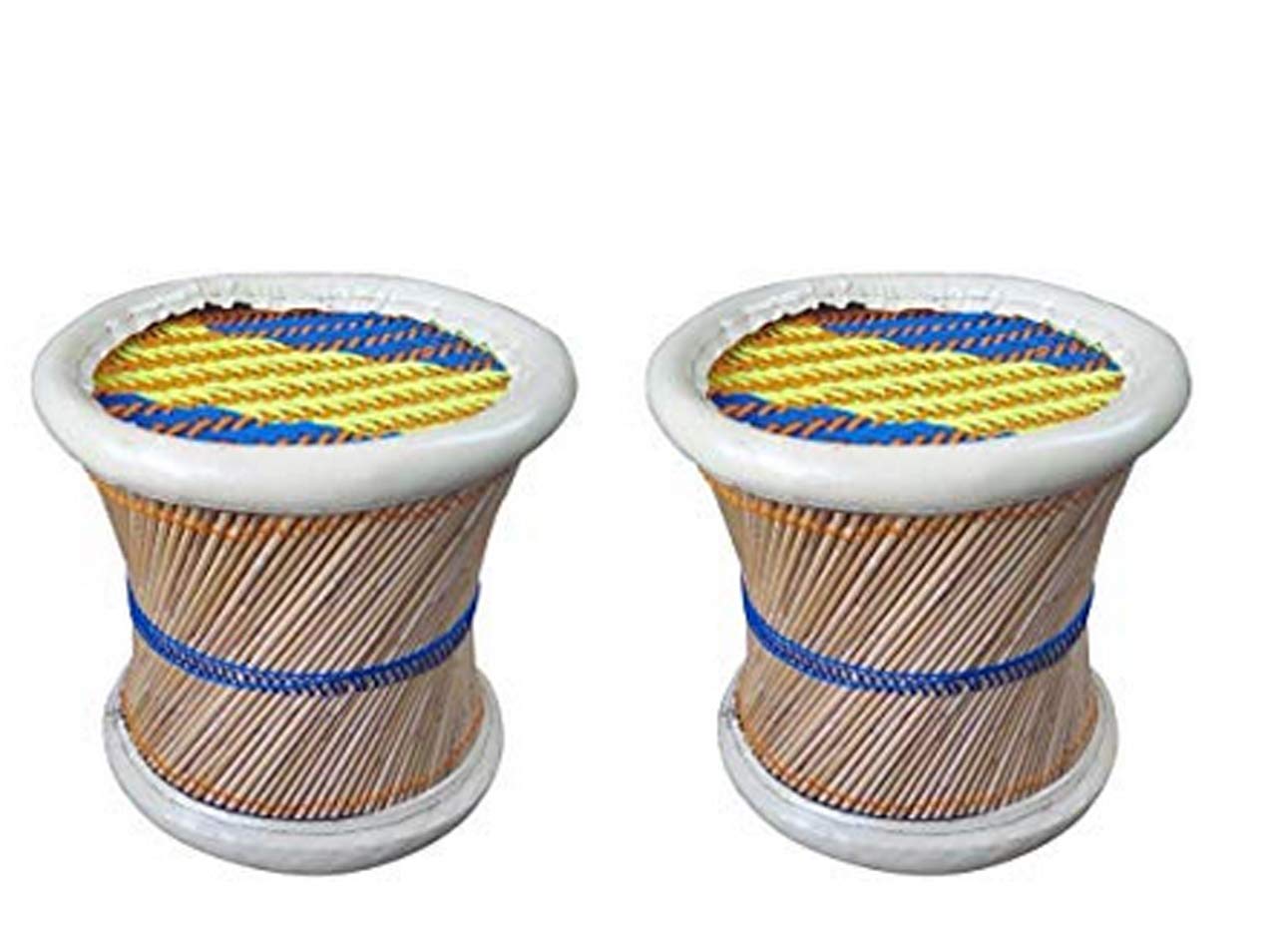 Anupam Enterprises Eco-Friendly Handicraft Cane Bar Bamboo Chair/Stool/Muddha/Mudda for Outdoor/Indoor/Furnishing/Color: Multi-Colored 2 Piece (14 inch Height)
