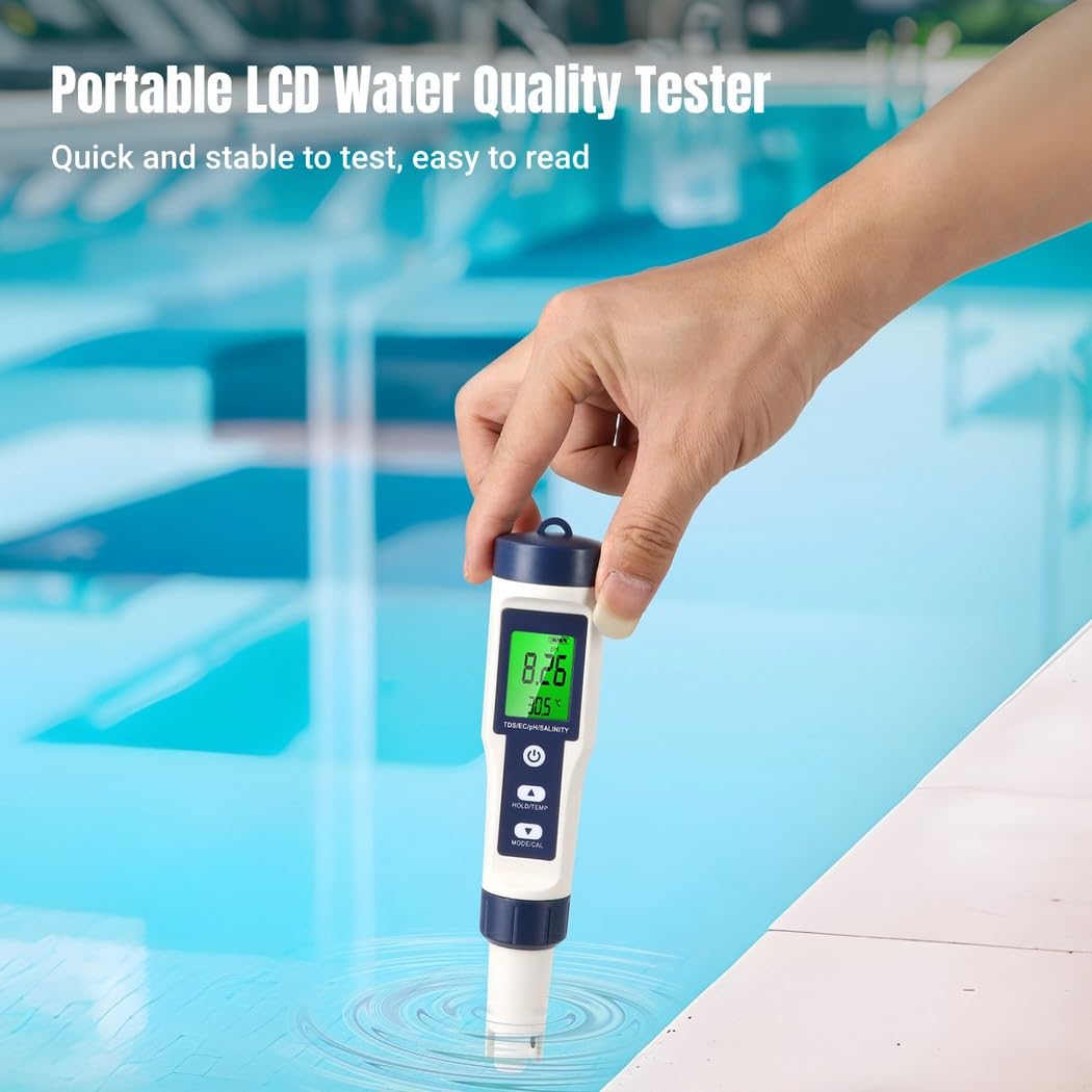 Cyfrowy tester wody 5 w 1 LCD, Ph, Tds, Ec, pomiar zasolenia i temperatury do basenów, spa i wody pitnej