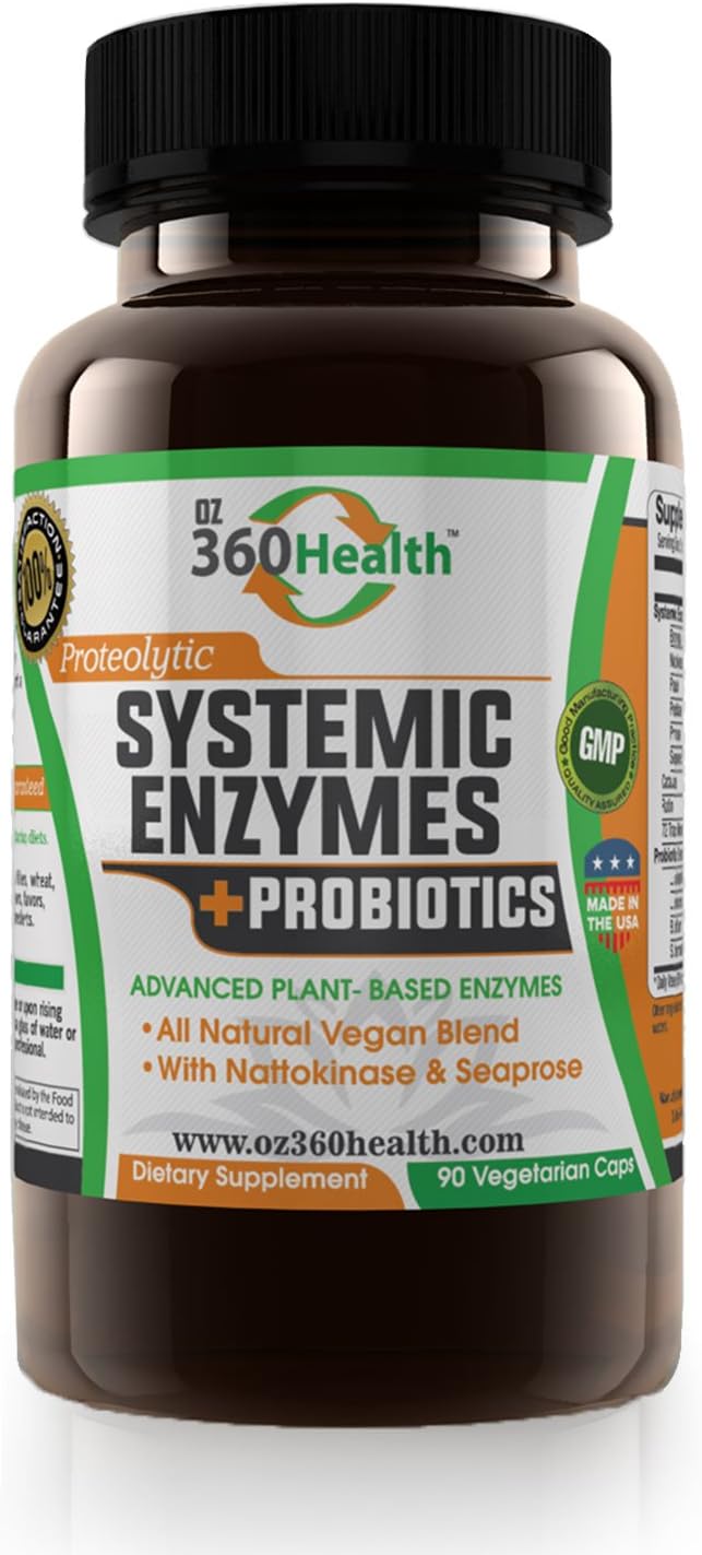 Best Proteolytic Systemic Enzymes with Probiotics by Oz360 Health - 100% All Natural Gluten Free Vegan Enzyme Formula! With Potent Nattokinase and Seaprose S - 90 VCaps
