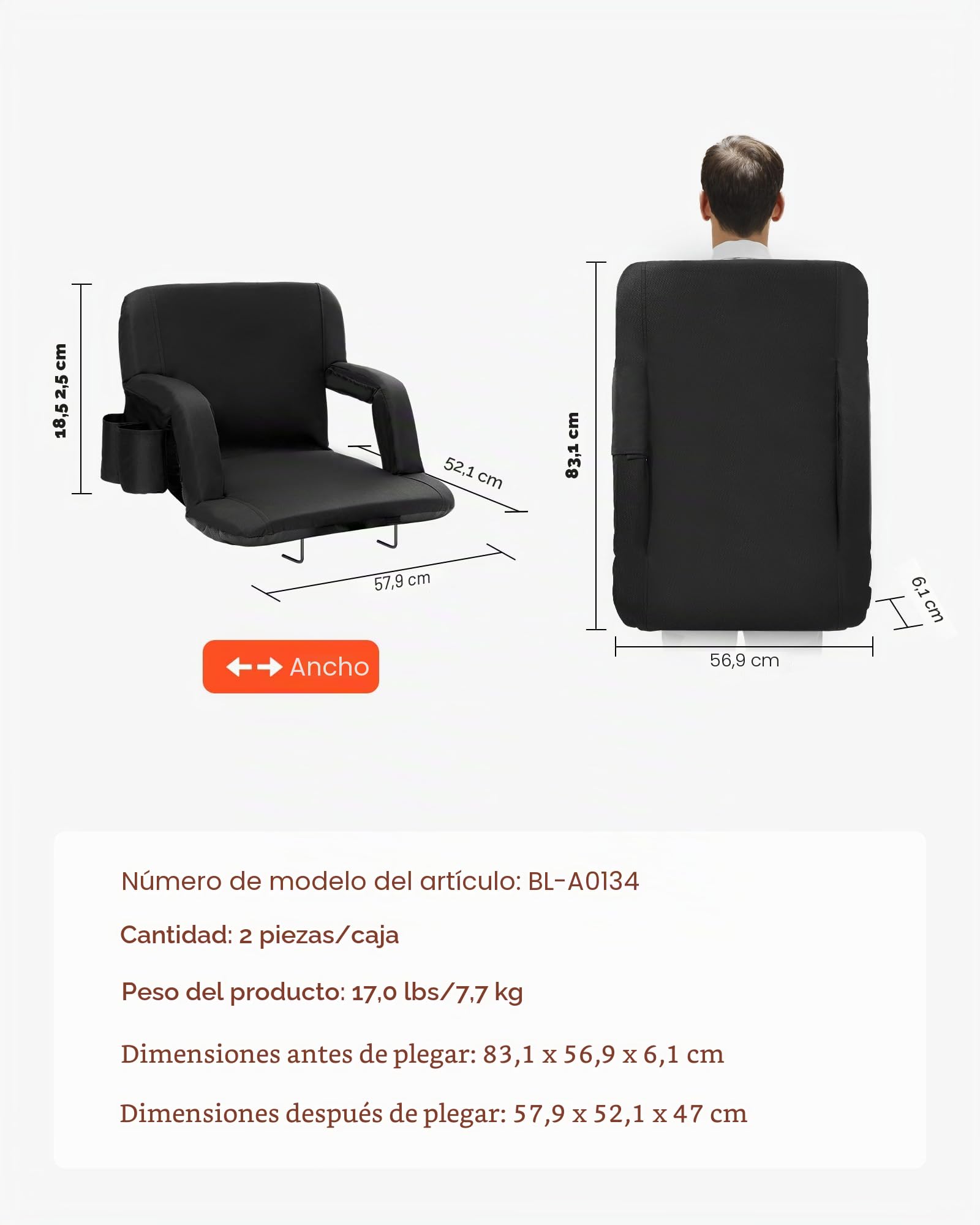 VEVOR 2 Asientos de Estadio con Soporte para la Espalda, Respaldos Anchos de los Asientos, Silla de Estadio con Cojín Acolchado Plegable, con Portavasos de Bolsillo con Gancho, 83,1 x 56,9 x 6,1 cm
