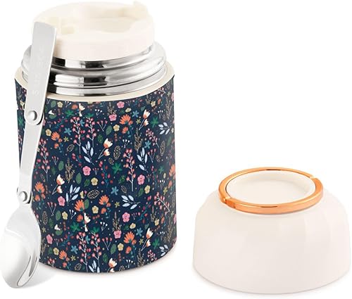 Colorful Flower Food Jar with Spoon Stainless Steel Vacuum Insulated Food Container 17 oz Thermos for Hot Food