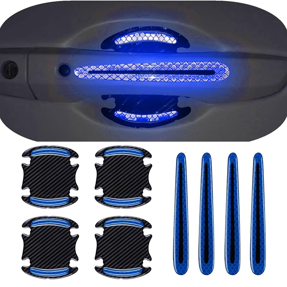 Vividcrate 8Pcs Car Door Handle Protector for Fiat Doblo (263 K9 2010-2025 2026), Reflective Carbon Fiber Scratch Guards, Auto Paint Protection Films, Night Safety Warning Stickers for Auto,Blue