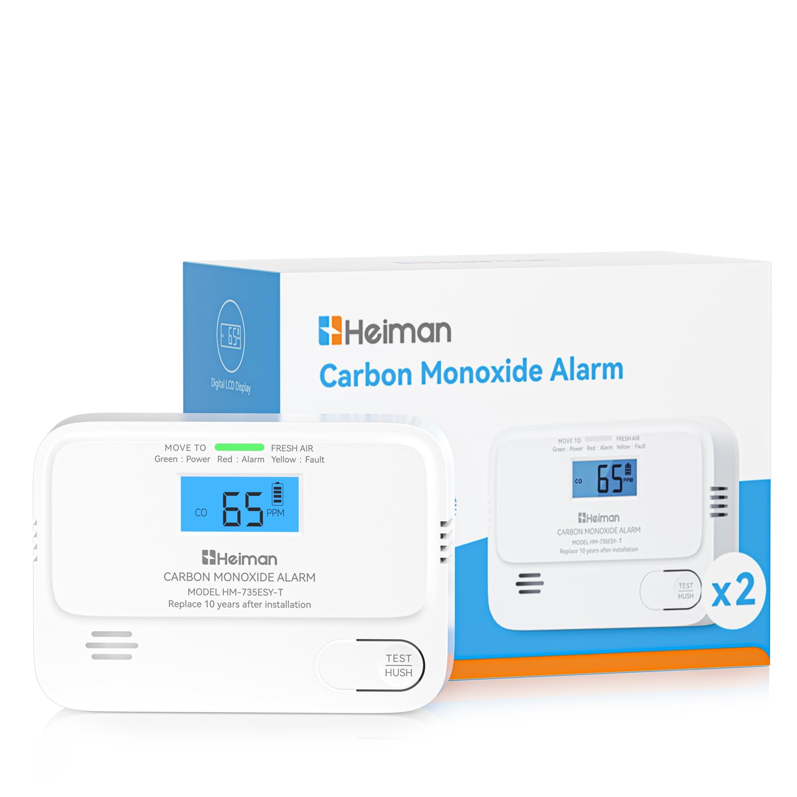 Heiman Detector de monóxido de carbono con pantalla LCD digital, 2 unidades | Detector de monóxido de carbono con batería de 10 años, detector de CO para el hogar, alarma CO BSI, norma EN 50291