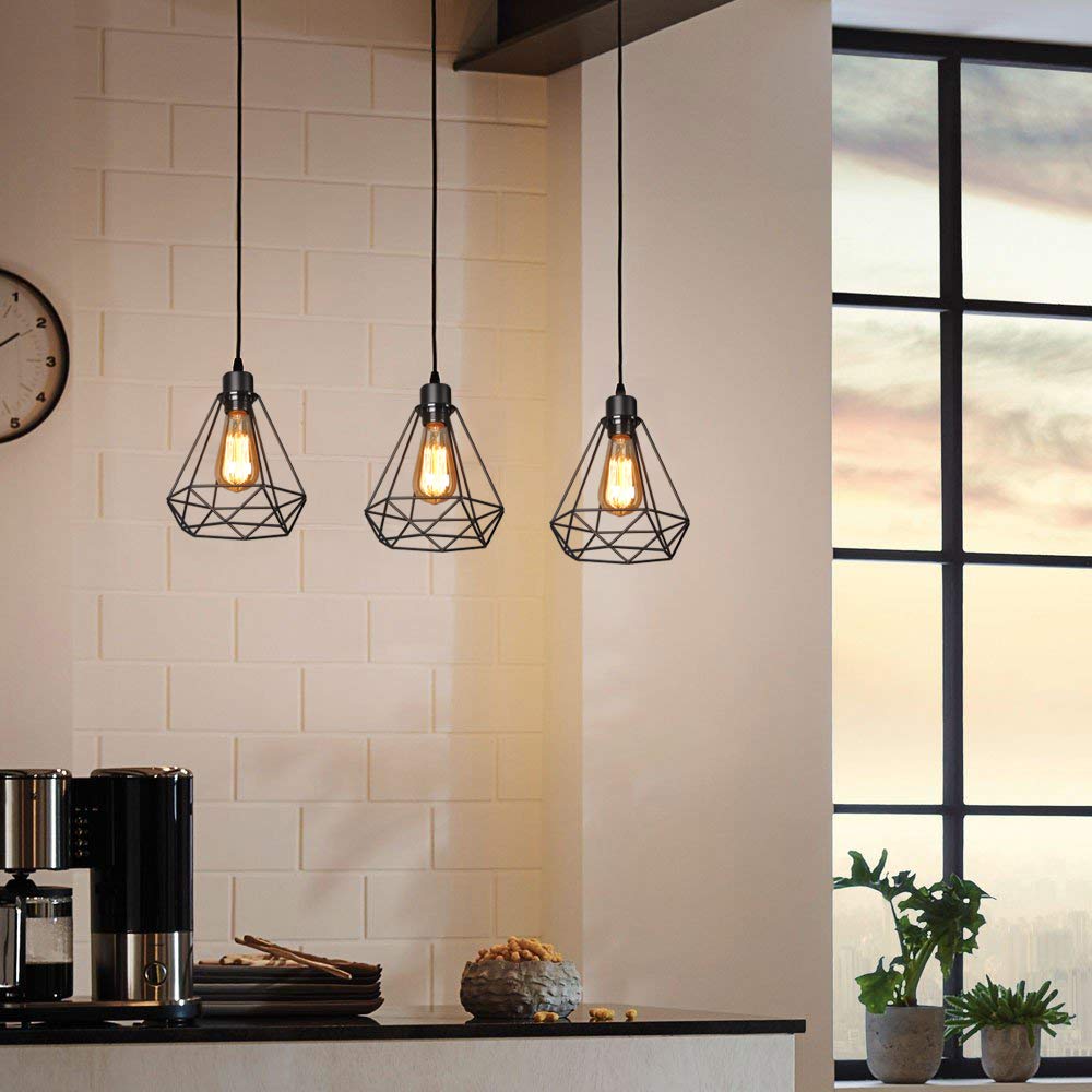 IDEGU Industrielle Pendelleuchte, 3 Flammig, Schwarz, Metall-Käfig-Design, E27, 20 Cm – Für Wohnzimmer & Bar
