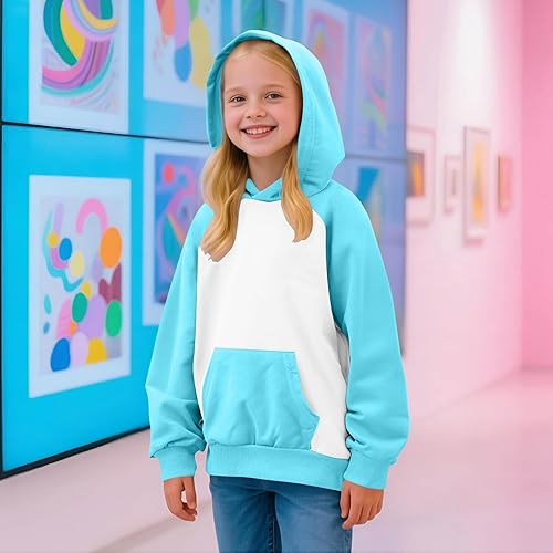 Hoodies for Teen Girls Fall Trendy Soft Color Block Hooded Sweatshirts Casual Long Sleeve Oversized Pullover Tops(01#light Blue,3-4T)