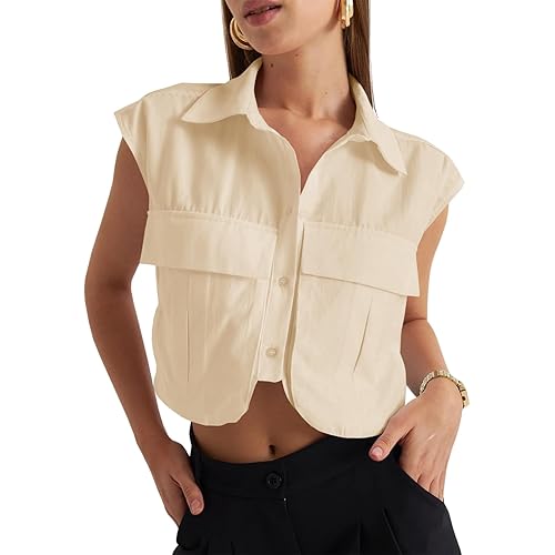 Tankaneo Womens Button Down Shirts Cute Summer Cap Sleeve Crop Tops Blouse