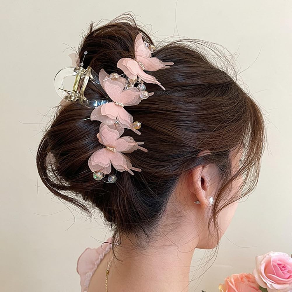 Jaczora 2PCS Butterfly Hair Claw Clips for Thick Hair Non Slip, Pearl Jewel Design, Large, Cute, Elegant Hair Clip for Women Girls - Image 4
