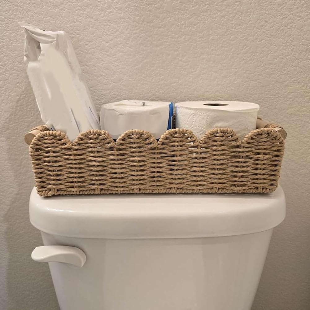 Juego de 2 cestas de almacenamiento trenzadas con cesta de mimbre decorativa ondulada para almacenamiento sobre el inodoro, estante para estantería, habitación de los niños.