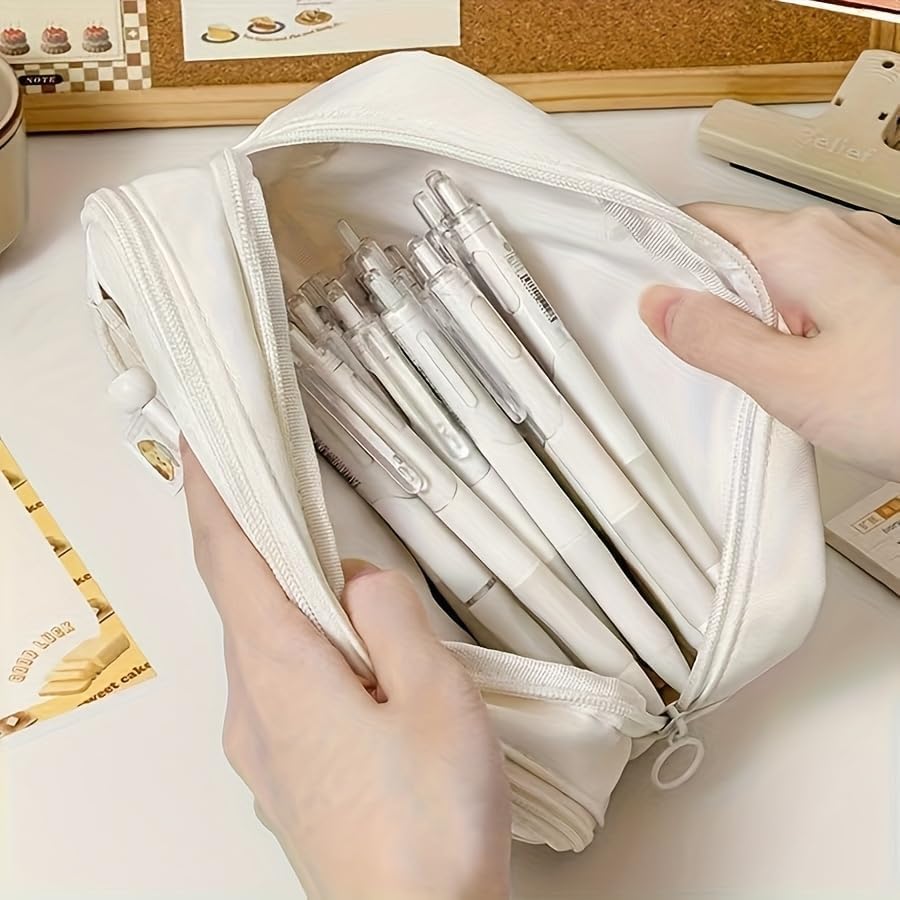 Image of OSDUE Canvas School Bag Pencil Case, 3 Layer 6 Compartment Large Capacity Pencil Pouch, Aesthetic Stationery Organizer with Zipper for Girls, Boys, Kids, School, College & Office (Beige)