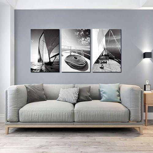 Miniatura 2 de LevvArts 3 piezas de arte de pared en blanco y negro, yate, velero, al atardecer, pintura náutica, decoración de pared para el hogar, oficina, sala