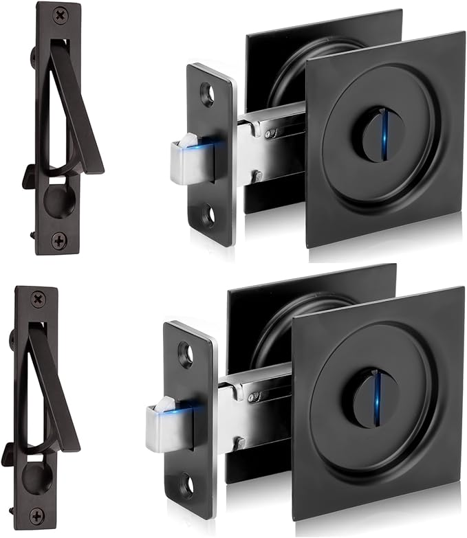 Dontay 2-Pack Pocket Door Lock & Pull - Privacy Latch With Color Indicators, Flush Handles, Fits Doors 1 3/8" To 2 3/16" Thick, Matte Black