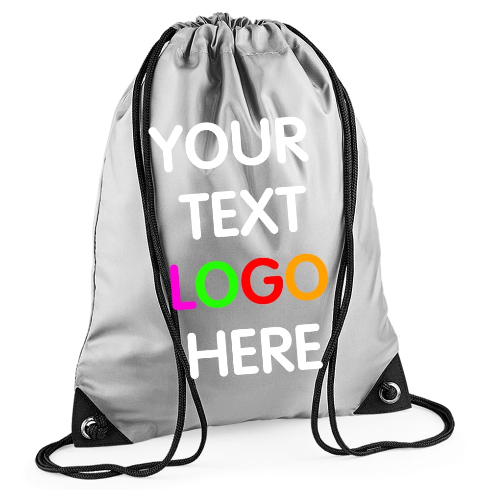 Expert Workwear Personalised Drawstring Bag PE Gym Kit School Men Women Kids Sport Custom Text Logo Print Rucksack - 32 Colours Silver