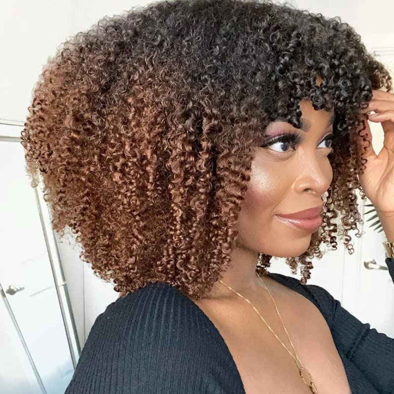 Omber Brown Curly Wigs for Black Women Human Hair No Lace 1b/30# Human Hair with Bangs Fake Scalp Top Flutty Short Curly Wig with Baby Hair (14inch, 130Density)