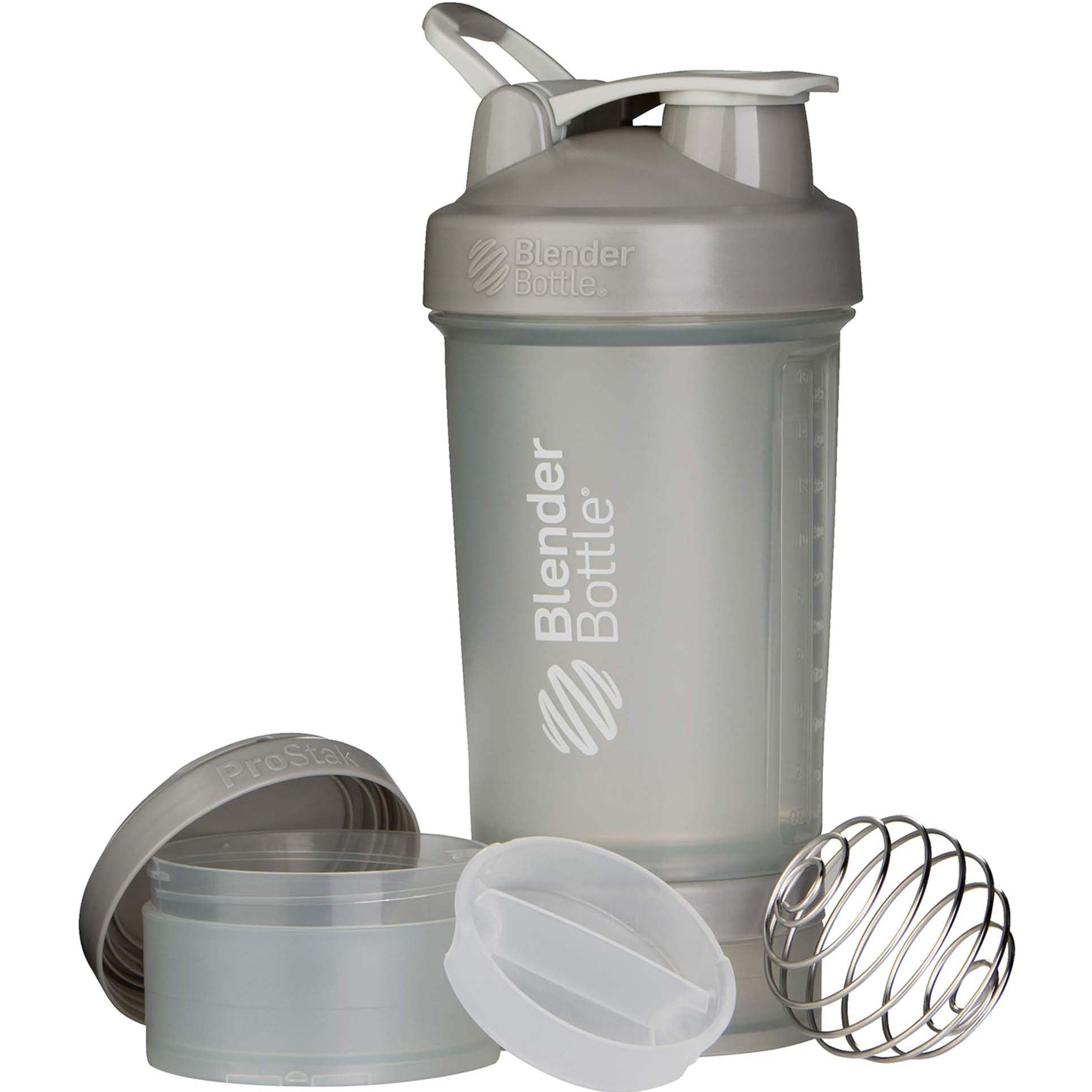 Blender Bottle Prostak Shaker, 2 Fully Independent Jars, Pill Organizer, Ultimate Convenience with Twist n' Lock System & Blender Ball- (625 ML - Gray Color)