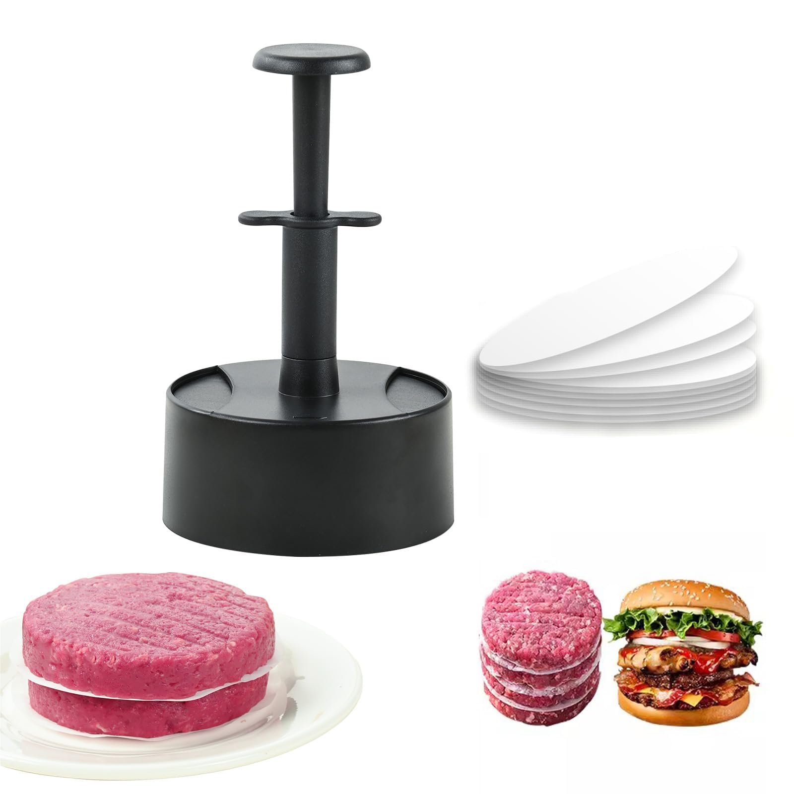 NALACAL Burger Press, ABS Round Press Type Hamburger Patty Maker,Non Stick Patty Making Mold for Beef, Burgers and Cooking with 100 Wax Paper, BPA Free - Ideal for BBQ (Black，3.74inches)