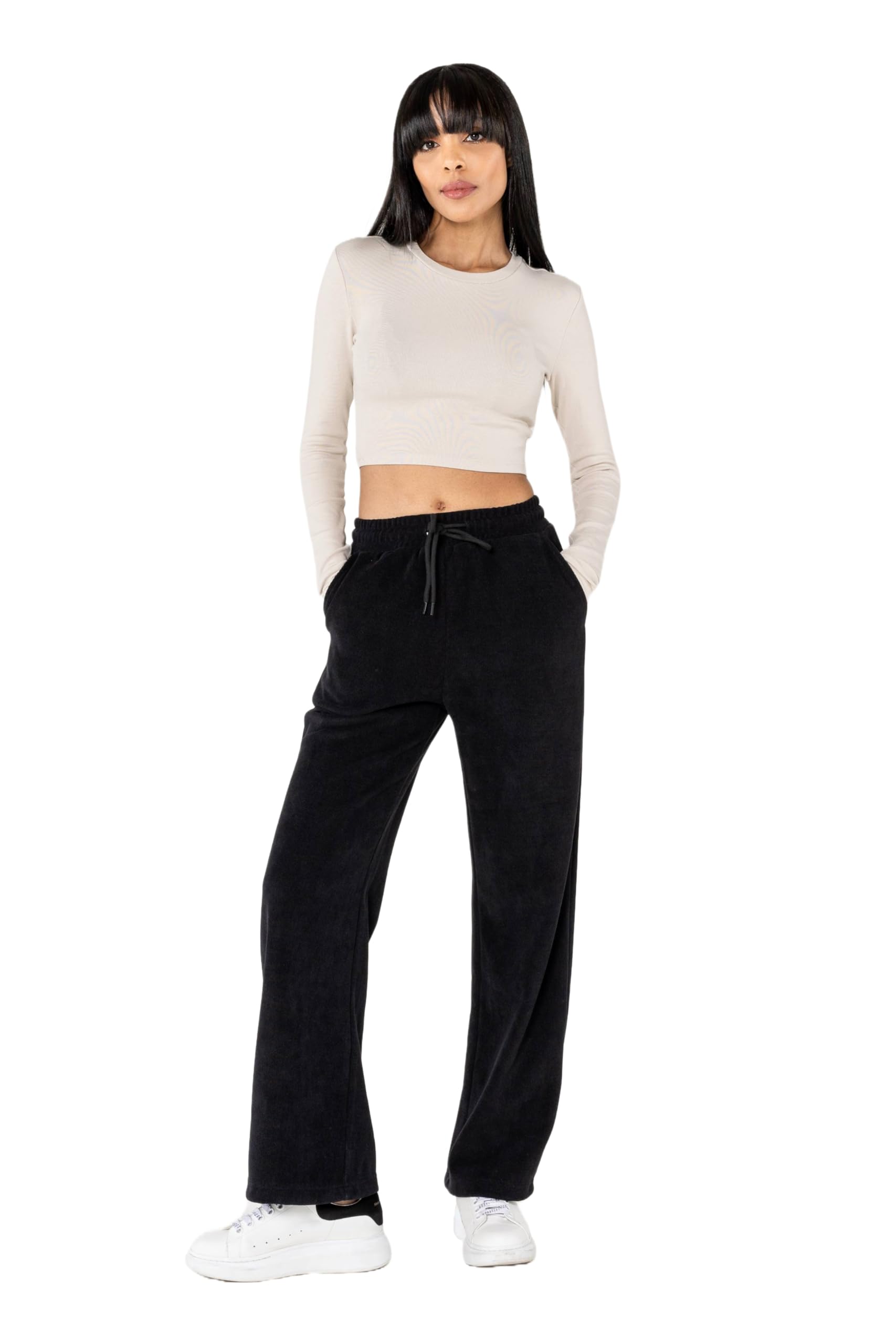 Nina Carter J253 Damen Freizeithose – Samtige Jogginghose Relaxed Fit Cordoptik Hose mit Elastischer Taillenbund und Weites Bein