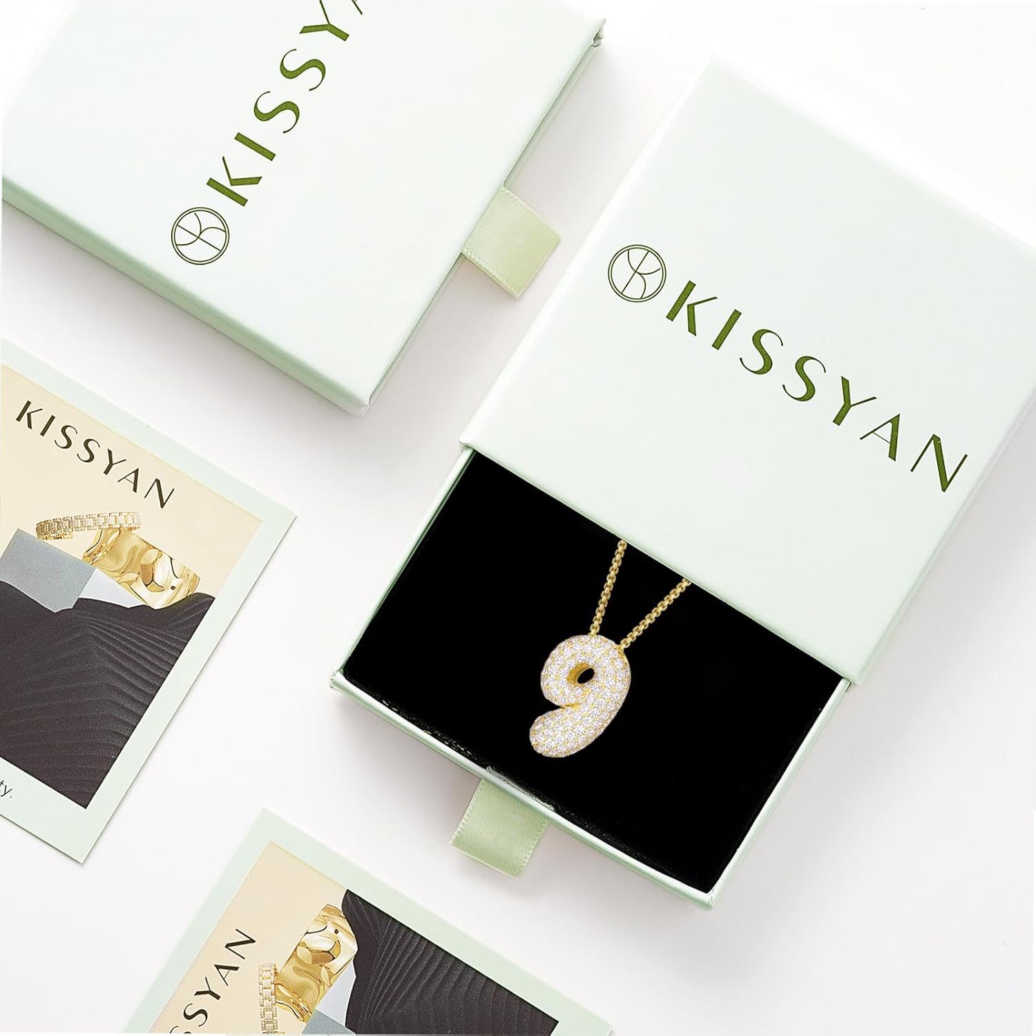KissYan Bubble Number Necklace, 14K Gold Plated Cubic Zirconia 0-9 Charms Pendant Box Chain Necklace Inspiration Numerology Jewelry for Women Men