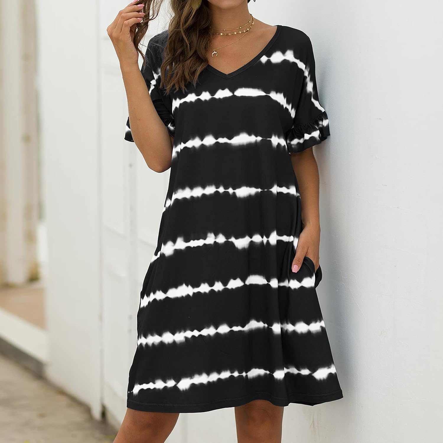 Lu's Chic Women's V Neck Dress Short Sleeve Sundress Beach Mini Casual Tie Dye Short Knee Length Summer Ruffle Falbala Fitted Striped with Pockets Black Large