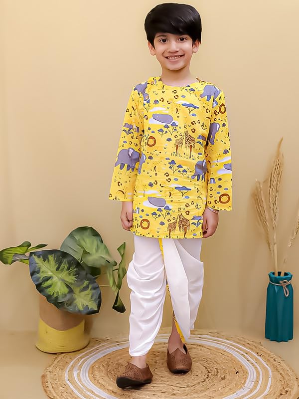 Image of superminis Boys Dhoti Kurta Set Cotton Animal Print Full Sleeves Ethnic Wear for Kids Boys | Kurta Dhoti for Baby Boy 0-3 Months to 8 Years | Traditional Dress for Festive