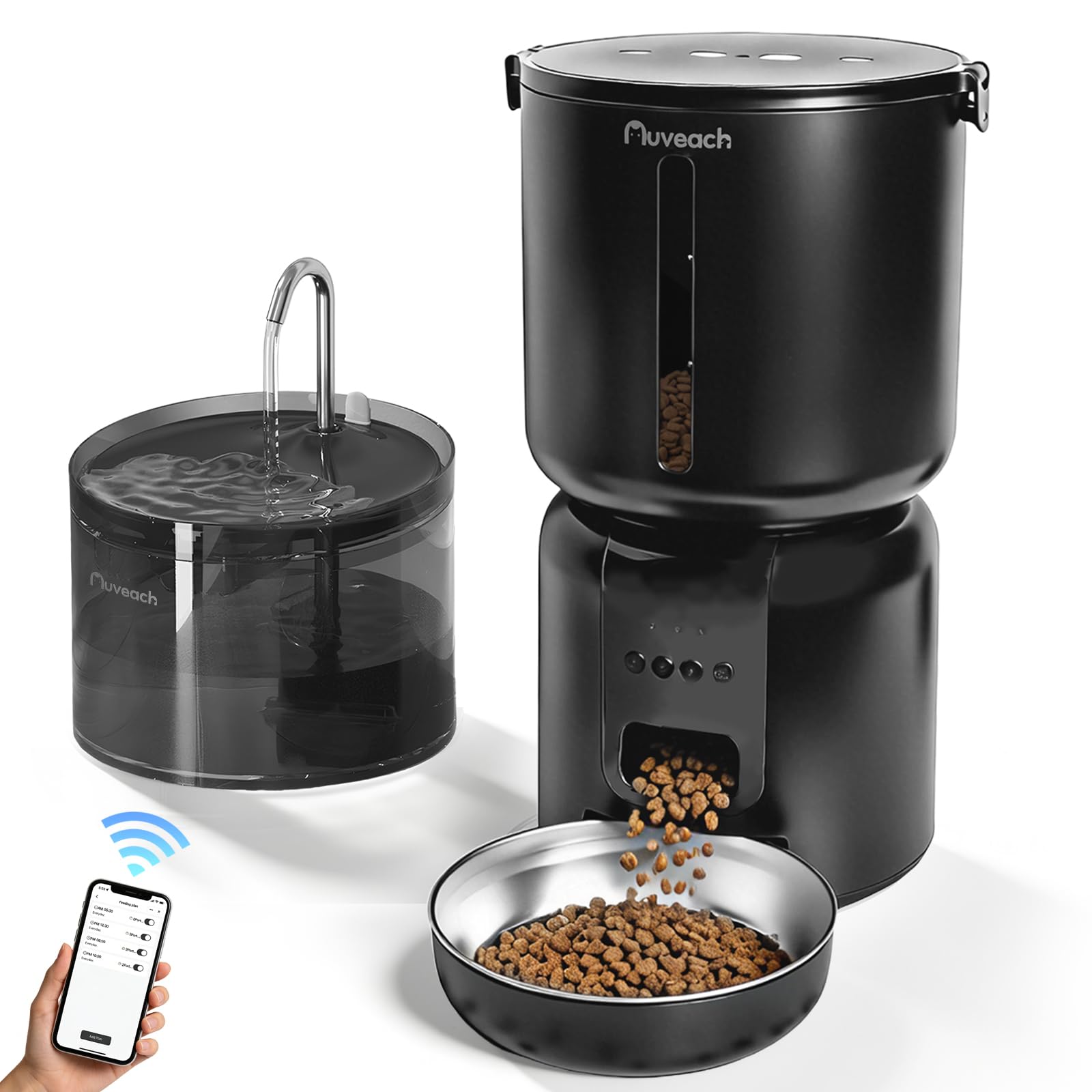 Comedero Gato Automatico y Fuente para Gatos Set - 4L WiFi 2.4G Dispensador de Comida para Gatos Perros con Temporizador Programable, 1-10 Comidas al Día, Cuenco de Acero Inoxidable (Negro)
