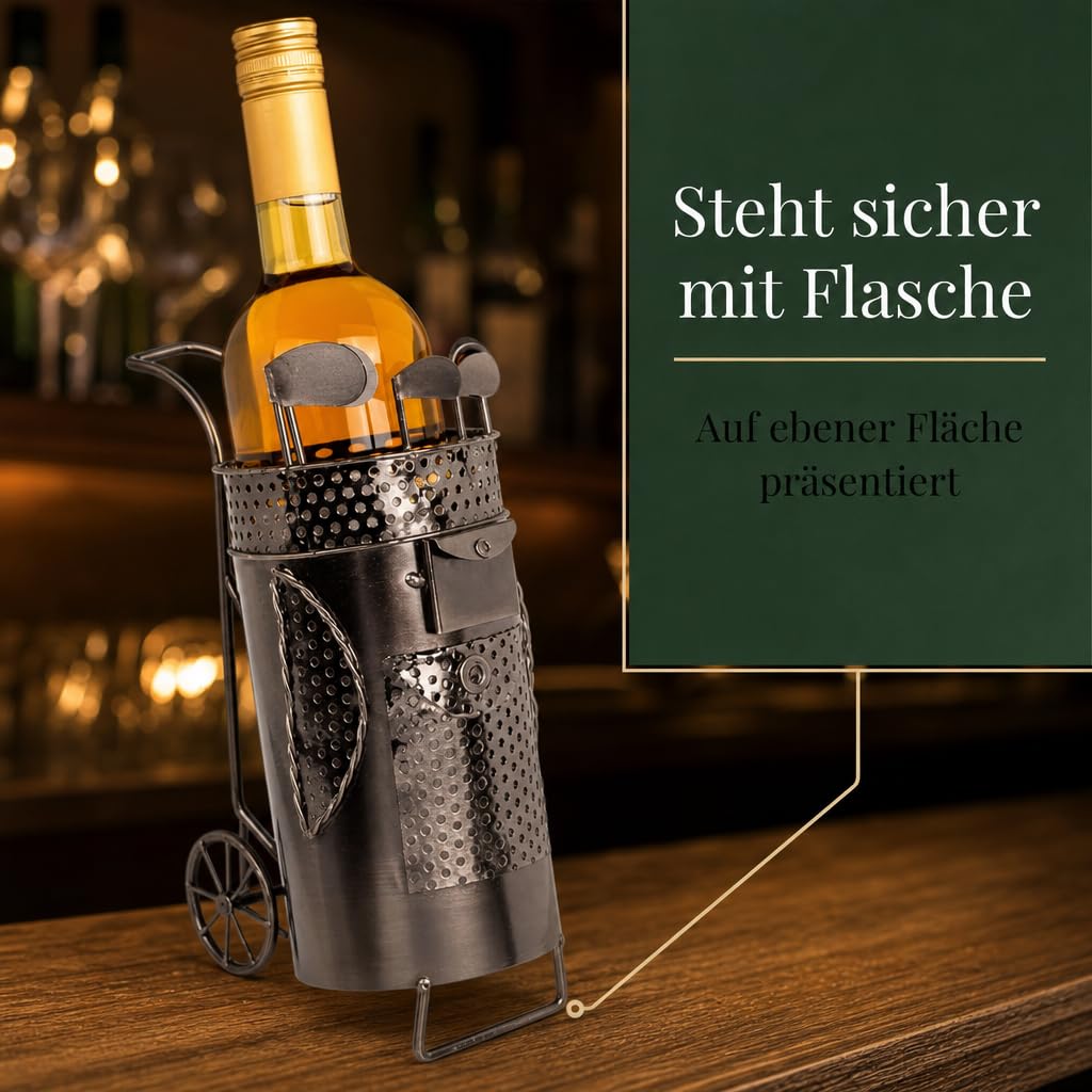 MIJOMA Porte-bouteille de vin sac de golf en métal - Porte-vin décoratif pour 1 bouteille - Fait à la main - Cadeau de golf - Porte-bouteille original pour vin, fer, 13 x 10 x 25 cm