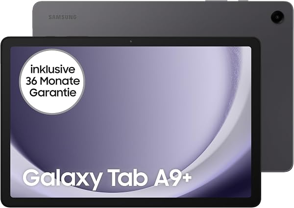 Nahaufnahme des schlanken Metallgehäuses des Samsung Galaxy Tab A9+ in Graphite.