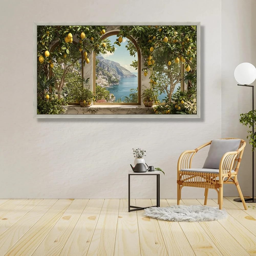 LTjiajuypd Mediterranean Lemon Grove Canvas Wall Art, Scenic Coastal View Through Arch Window Landscape Decor Nature And Fruit(30x60cm)
