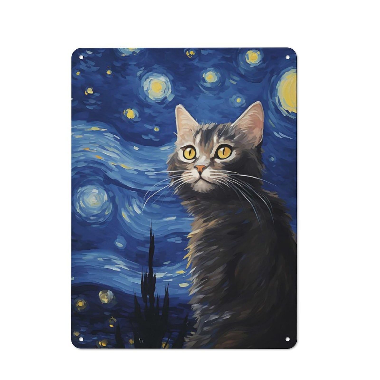 Junmoney Cat In Starry Night Tin Wall Plaque 40X30cm With For Hobby Room Or Studio, For Metal Sign Collectors, For Kitchen And Home Bar Decor