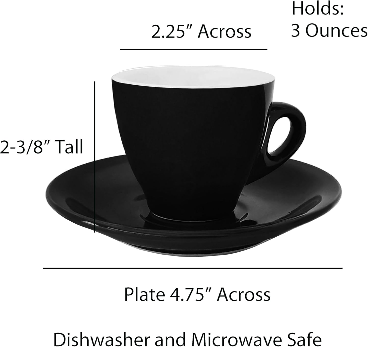Lorren Home Porcelain Espresso Cups and Saucers, 3 Oz, Black, Set of 6