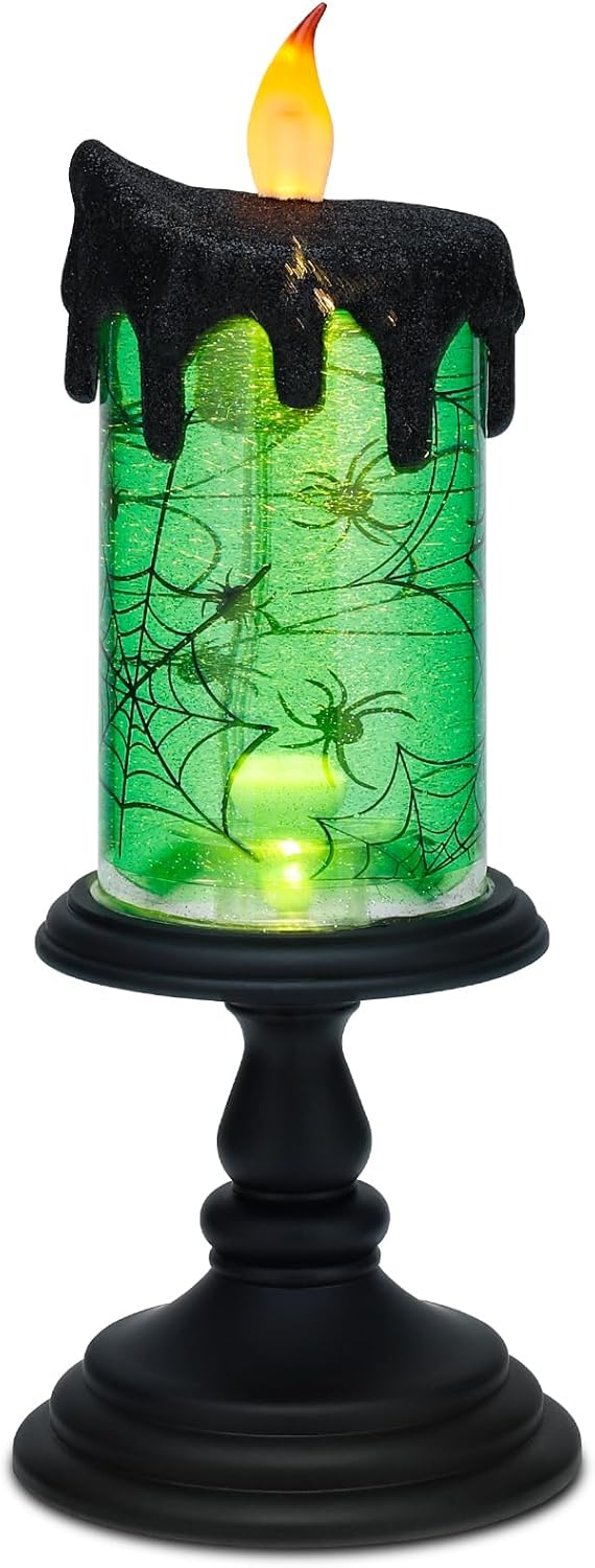 Halloween Snow Globe Candles Lighted Lamp, Lighted Flameless Candles with Water Glitter Swirls and Spooky Moving,Battery Operated Spider