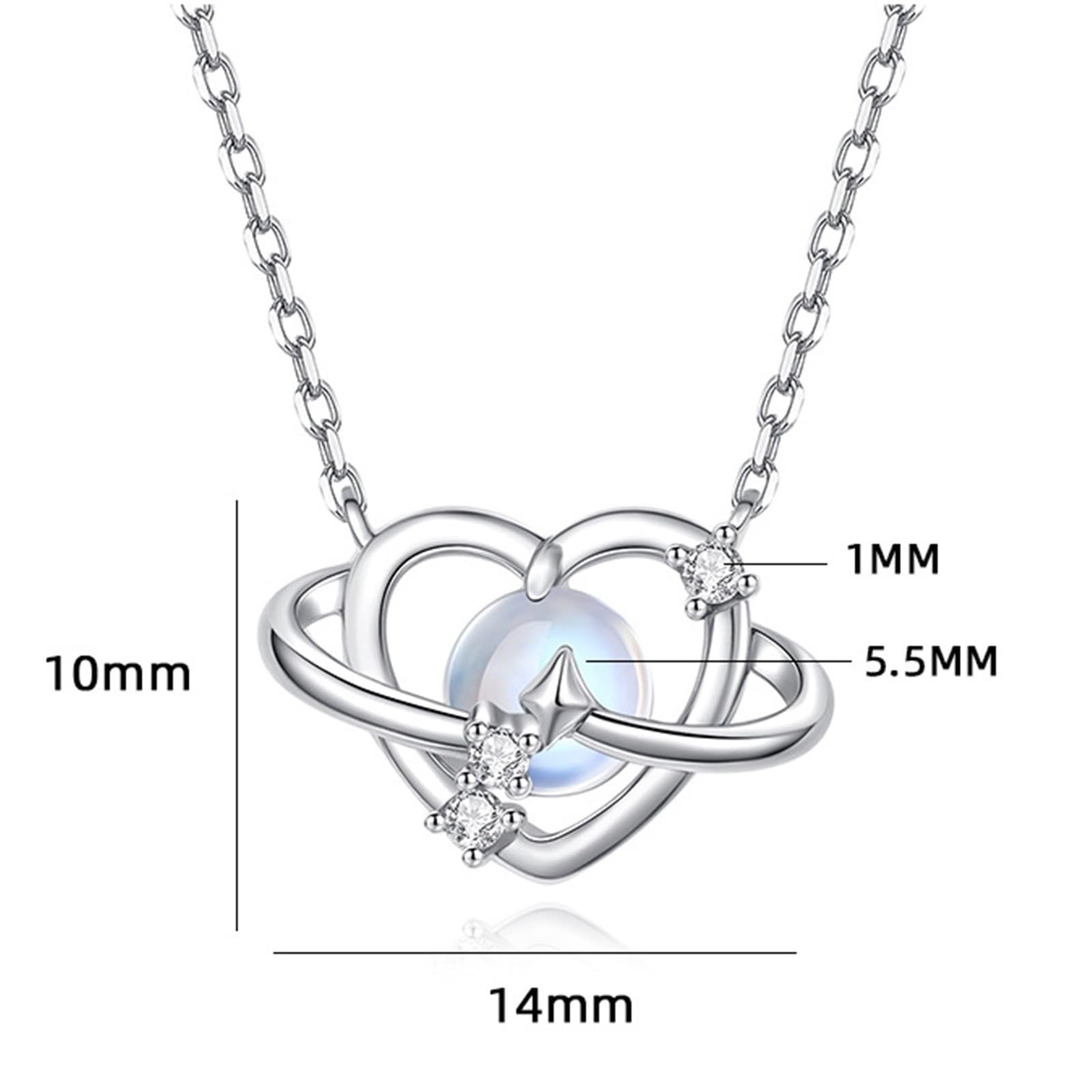 Collana in oro bianco 9 K 375 con pietra di luna, ciondolo a forma di cuore, pianeta e stella, 45 cm