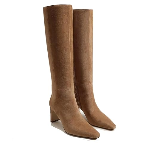 Knee High Boots for Women Square Toe Chunky Block Heeled Side Zipper Tall Boots Wide Calf Dress Long