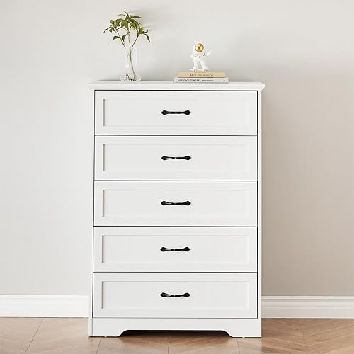 GAOMON Cómoda moderna de 5 cajones, cómoda de madera y alta con cajones profundos, armario de almacenamiento de gran capacidad para dormitorio, sala