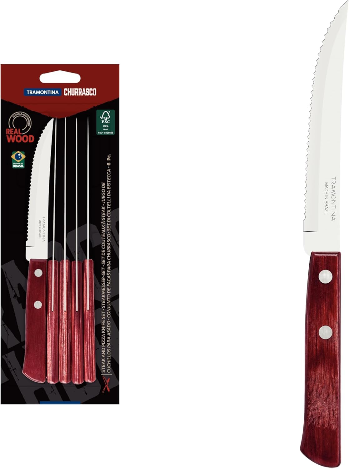 Tramontina 6 Piece Steak/Pizza Knife Set, Red Colour, Sharp Knife Set with Wooden Handles, Camping, Kitchen, Rustic, Dishwasher Safe, 5-Inches, 29899154