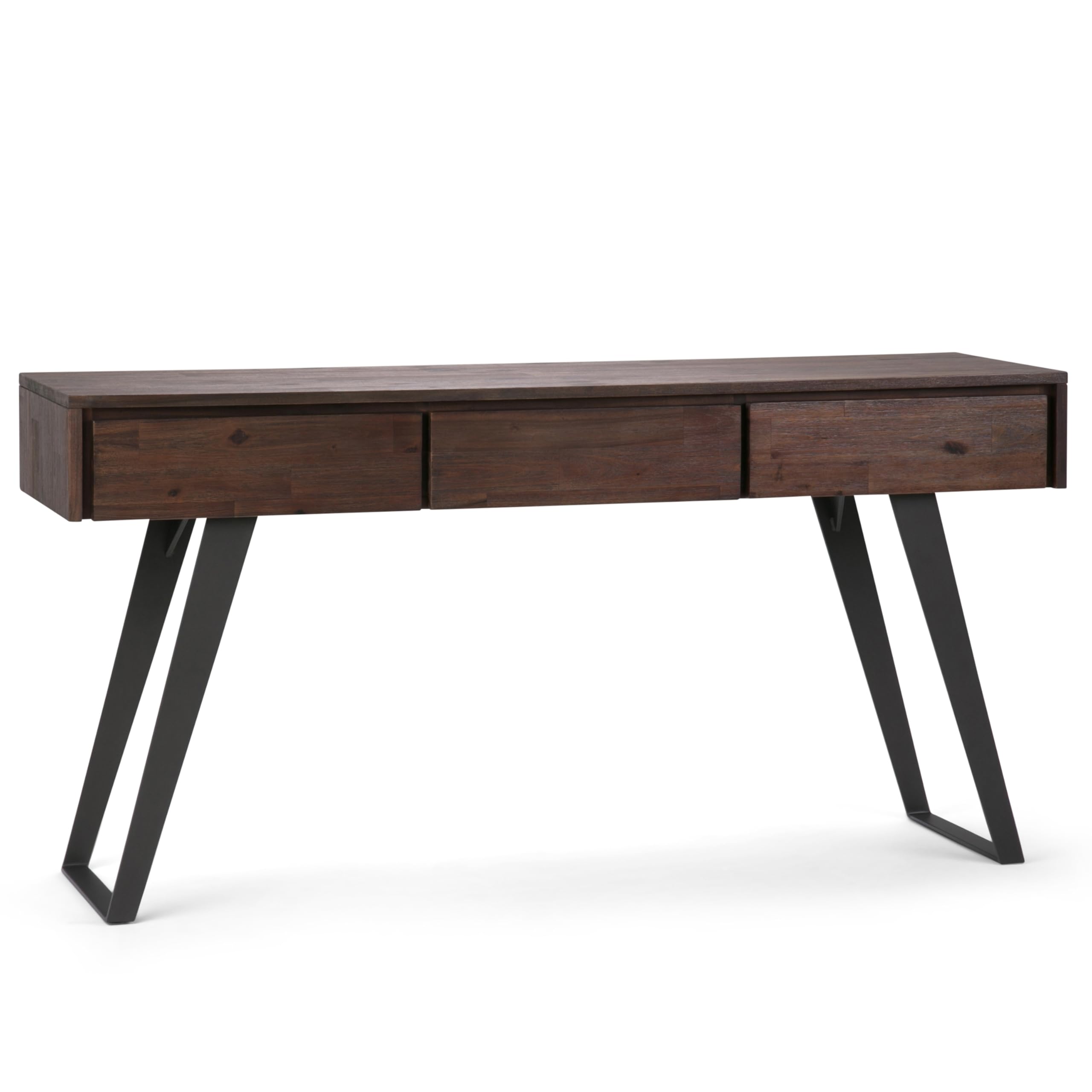 Lowry Console Table - 60 Inch Wide Solid Acacia Wood Sofa Table in Distressed Charcoal Brown, Modern Industrial Storage Table for Living Room with 3 Drawers and Angled Metal Legs