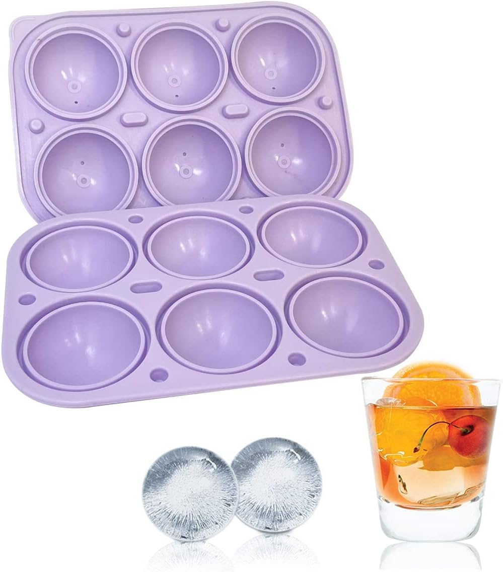 6 Grids Ice Ball Maker Mold Crystal Clear Ice Mold BPA Free Round Silicone Ice Cube Molds, Reusable Sphere Ice Tray for Whiskey Cocktail Bourbon Scotch Purple