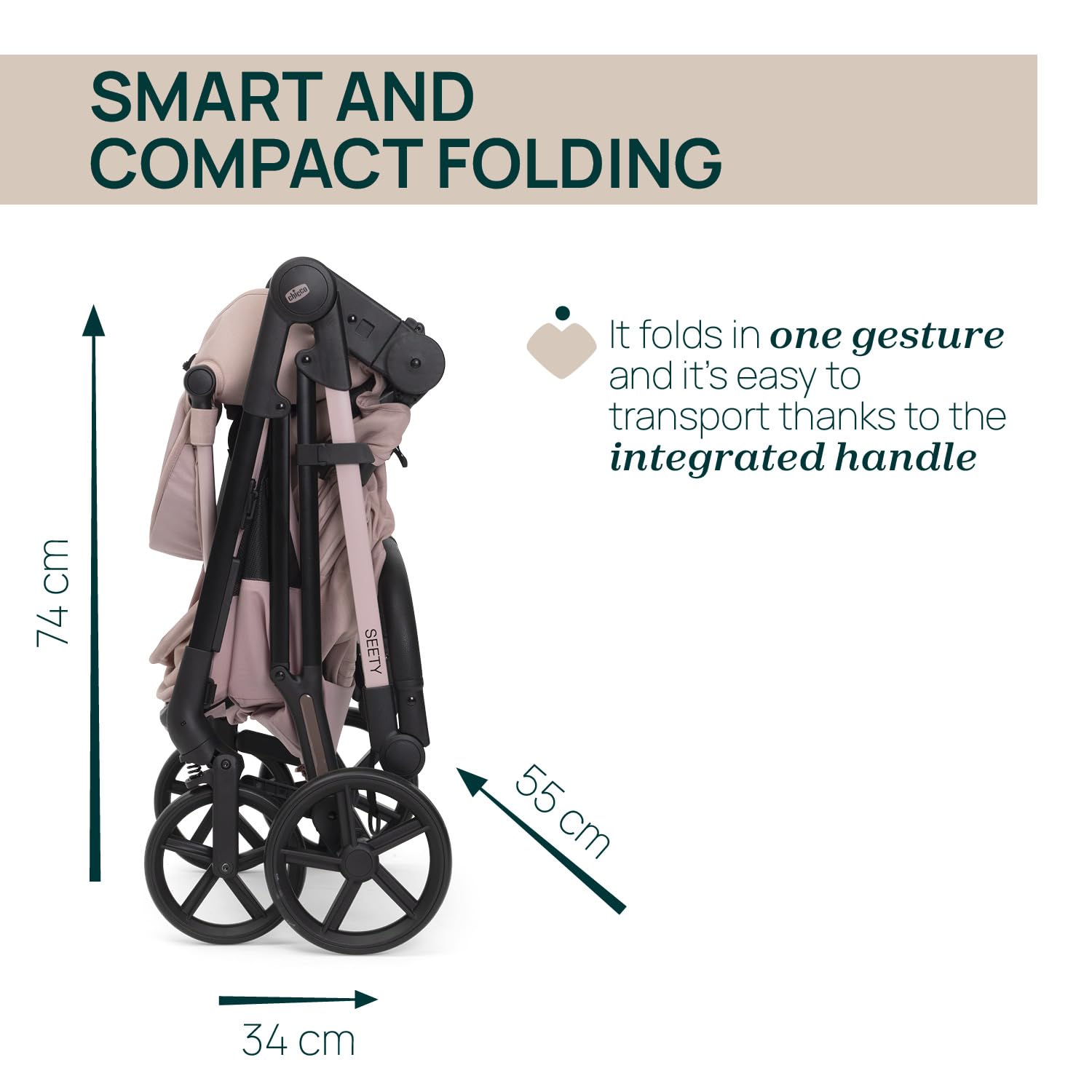 Chicco Cochecito Seety, Cochecito Ligero y Compacto De 0 Meses a 4 Años, Capacidad Máxima 22 kg, Cochecito Plegable,Respaldo Reclinable,Cierre Automático con 1 Movimiento, Capota Parasol y Cubrelluvia
