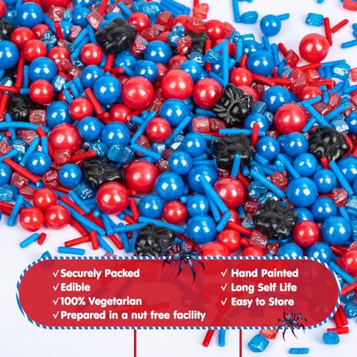 Image of Edible Spider Sprinkles,Black Spider,Hero Sprinkle,Spiderman Sprinkle for Cake,Red Blue Pearls Jimmies and Sanding Sugar Crystals for Desserts Decorating,130g,Cupcakes Cookie Donuts Ice Cream Decorations,Themed Toppers,Birthday,Children's Party Supplies