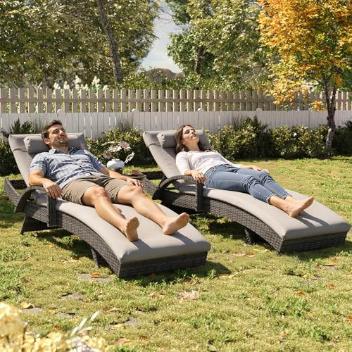 Image of UDPATIO Polyrattan Sun Lounger, 5-Way Adjustable Backrest, Garden Lounger, Weatherproof Rattan Lounger with Cushion and Pillow for Garden, Balcony and Patio, Mottled Grey & Grey Covers