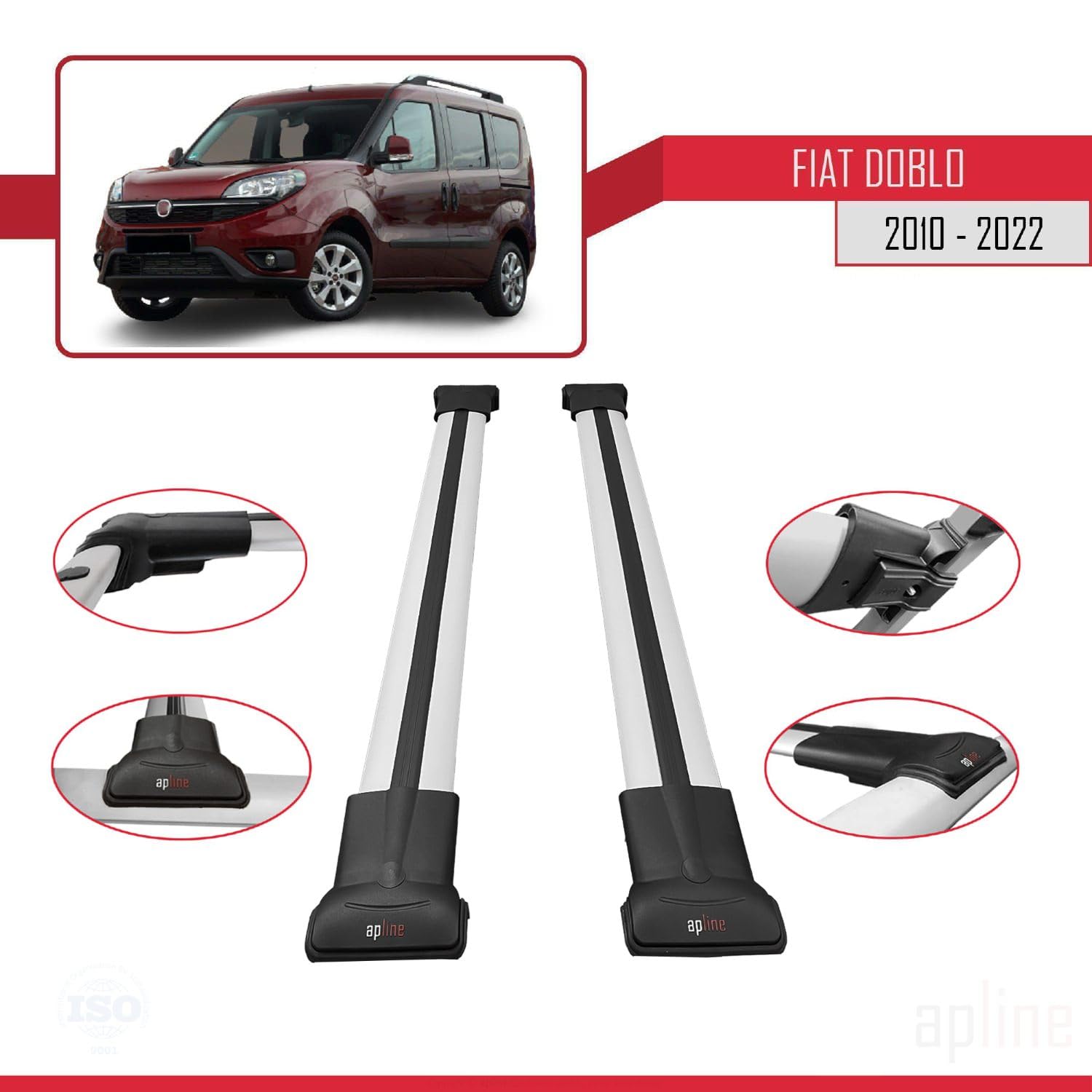 Compatibile con Fiat Doblo 2 (263) 2010-2022 Modello FLY Barre Tetto Portapacchi Auto Barre Portatutto Grigio Alluminio 2 Barre