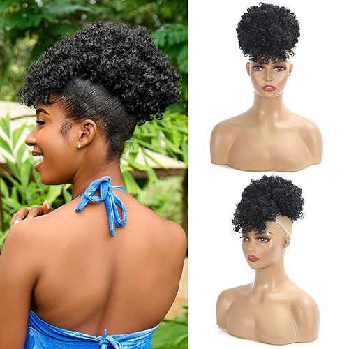 CECINILL Cola de caballo afro con cordón y flequillo, extensión de cola de caballo para mujeres negras, postizo corto rizado con clip (1B)