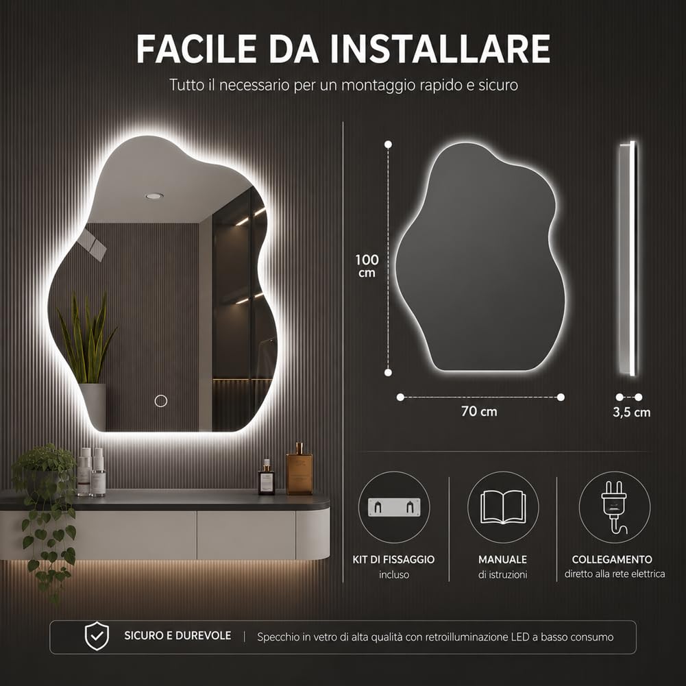 Shally Dogan Specchio Ondulato da Parete con Led Dimmerabile a 3 Colori, Bianco Freddo, Caldo e Naturale, Accensione con Touch, Decorazione da Muro Design Moderno e Salvaspazio, 50 x 70 cm