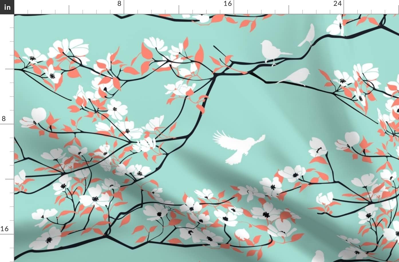 Spoonflower Fabric - White Blossoms Mint Birds Branches Romantic Cherry Springtime Coral Printed on Organic Cotton Sateen Fabric by The Yard - Sewing Quilting Apparel Home Decor
