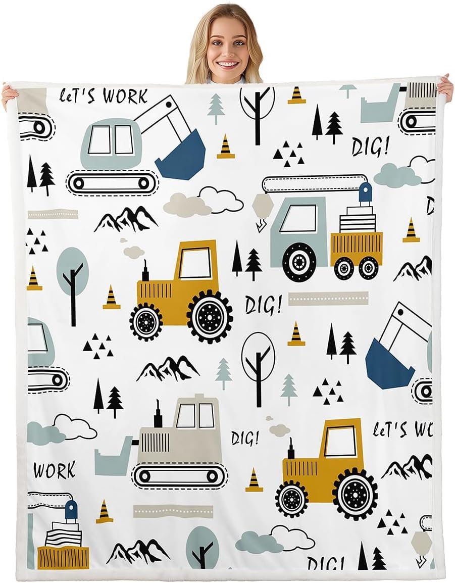 Homemissing Cartoon Auto Kinder Decke 150x200cm BAU Kuscheldecke Dekor Ausrüstung LKWs Wohndecke Cartoon Auto Bagger Traktor Weiß Gelb Schlafzimmer