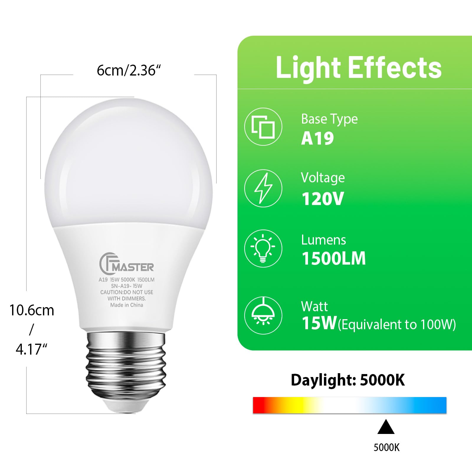 A19 LED Light Bulb, 100W Equivalent Light Bulbs, 15W 5000K Daylight, 1500 Lumens, Non-Dimmable LED Bulb, E26 Standard Base for Indoor and Outdoor, ETL Listed, 6-Pack - Detailed View