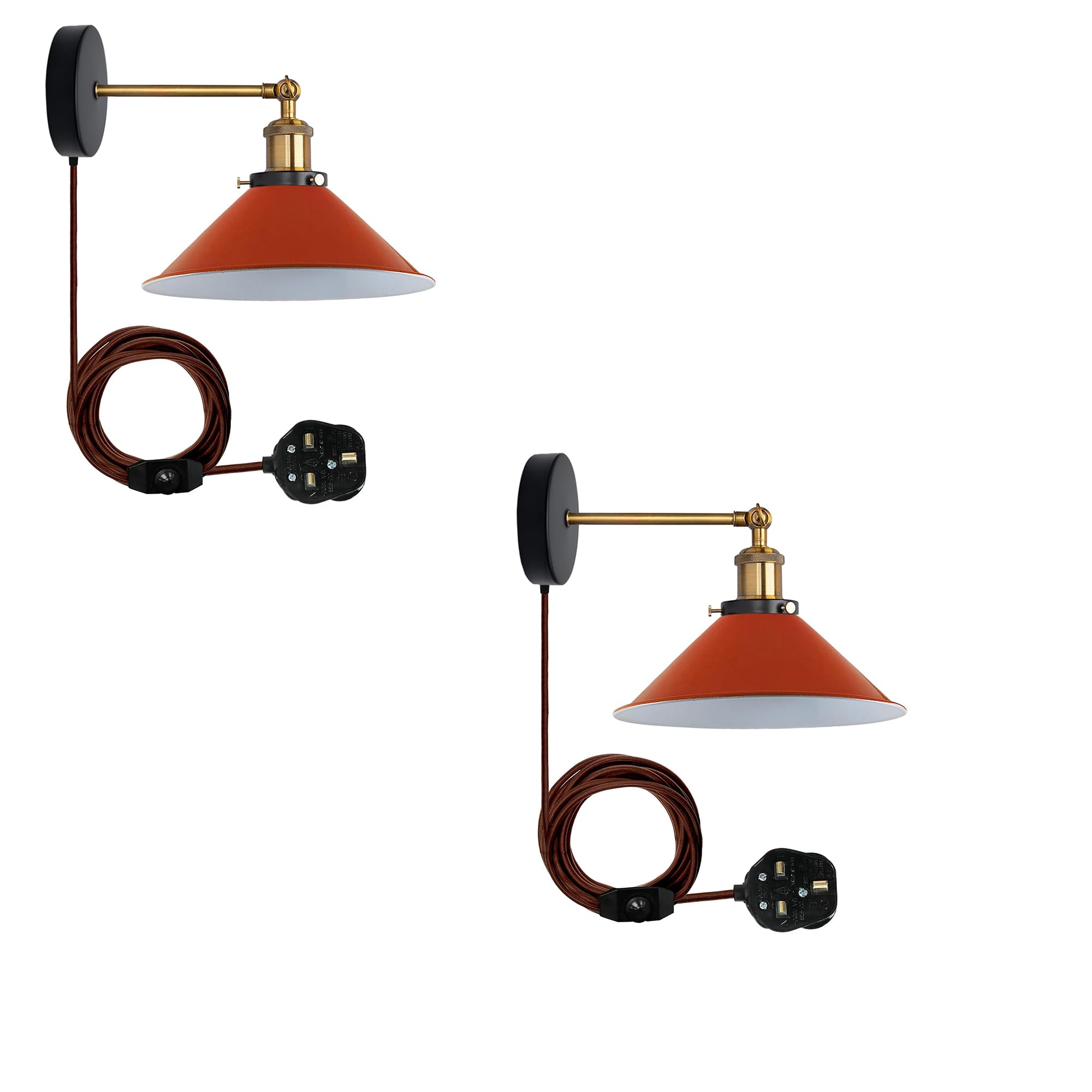 LEDSone 2 Pack of Retro Industrial Wall Light Plug in Wall Lamp Metal Cone Shape Shade Indoor Light Fitting with Dimmer Switch for Bedroom Hallway Restaurants (Orange 2 Pack, Without Bulb) โ image 1