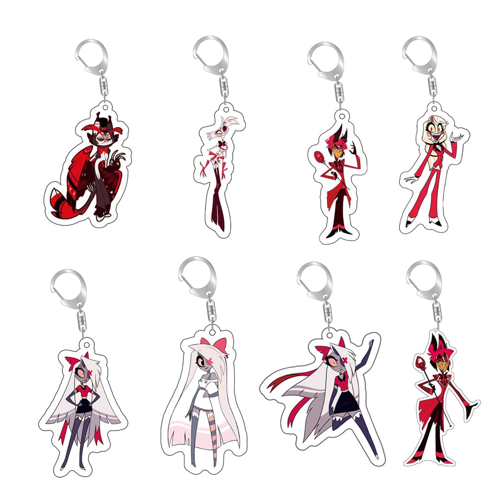 Zhongkaihua Hazbin Hotel Keychain, Lucifer Morningstar Figure Acrylic Keychain Pendant, Collectable Mini Figure, Accessories for Car Keys, Backpack Decor, 8Pcs