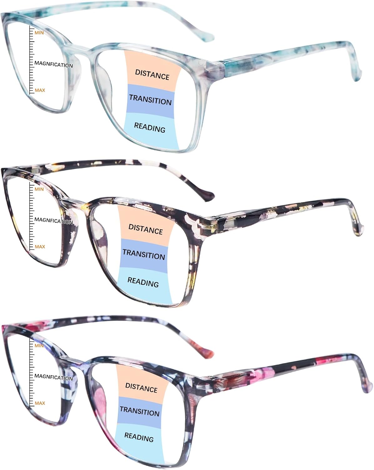 3 Pack Progressive Multifocal Reading Glasses Blue Light Blocking Spring Hinge Fashion Print Eyeglasses for women - Image 2