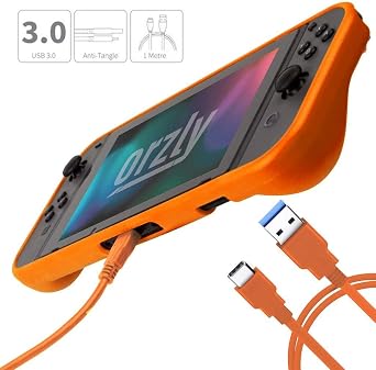 Orzly Switch Accessories Bundle Carry Case for Nintendo Switch Console, Tempered Glass Screen Protectors, USB Charging Cable, Switch Games Case, Comfort Grip Case & Headphones ORANGE