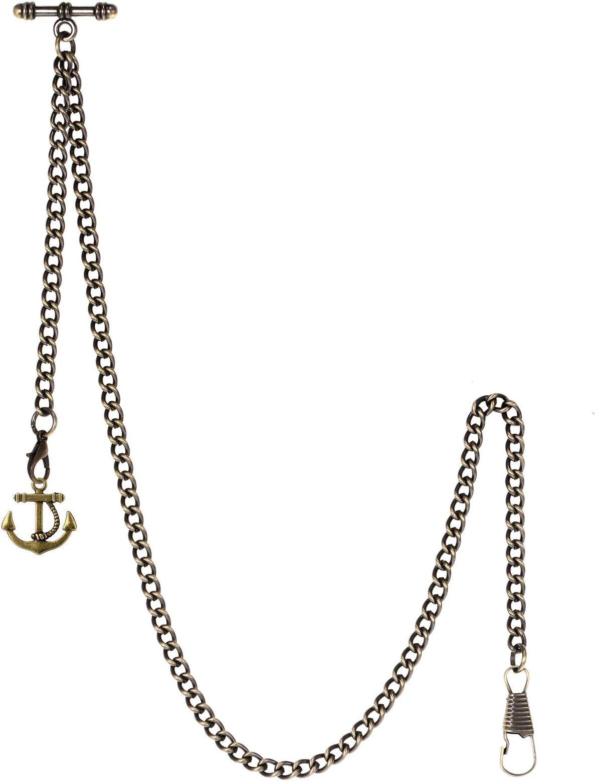 Men's Albert Chain Pocket Watch Curb Link Key Chain 2 Hooks with Antique Anchor Pendant Design Charm Fob T Bar